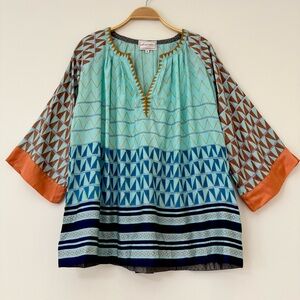 Anthropologie Anupamaa Multicolor Geometric Silk Blend Tunic Blouse, Size M